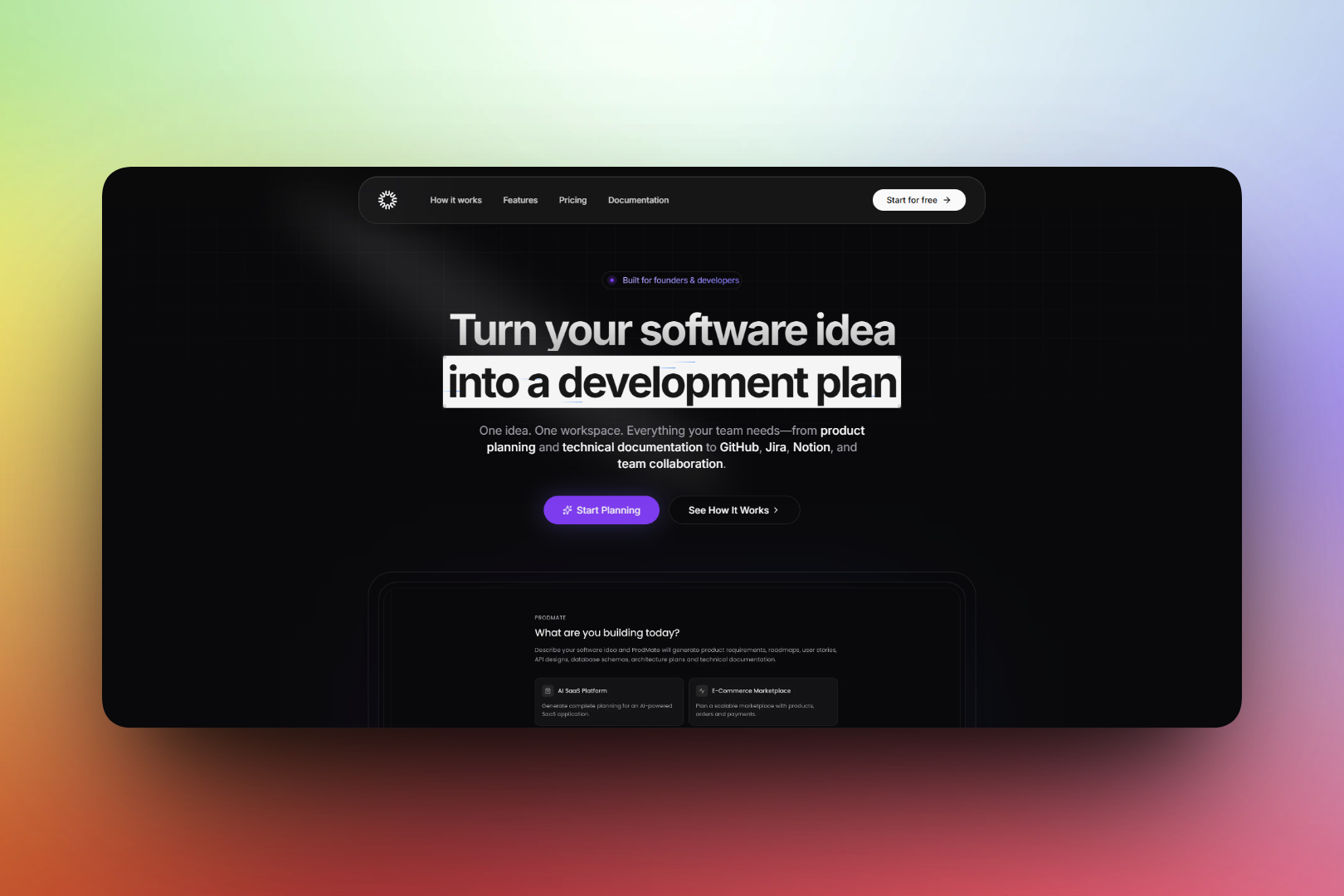 ProdMate – AI Product Development Workspace mockup