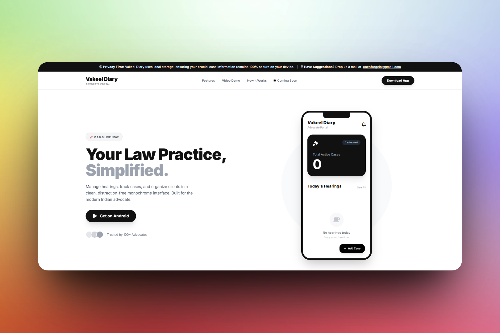 Vakeel Diary – Digital Legal Practice Management System mockup